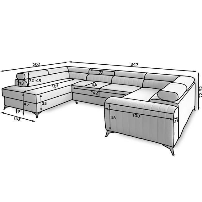 U-shaped sofa Eluis L, sleeping function, Monolith 85, velvet, grey, H92x347x202cm