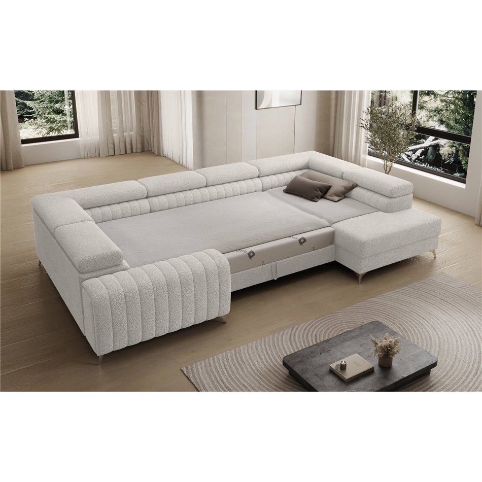 U-shaped sofa Eluis R, sleeping function, Royal 01, boucle, white, H92x347x202cm