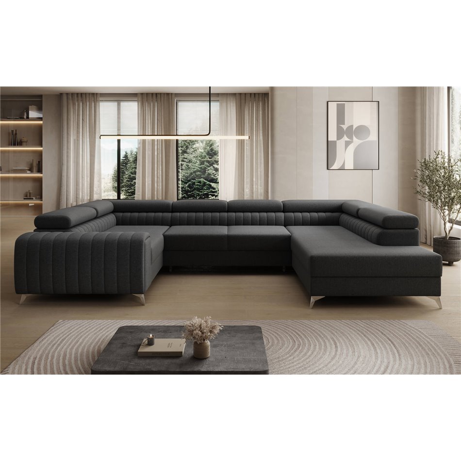 U-shaped sofa Eluis R, sleeping function, Sawana 14, black, H92x347x202cm