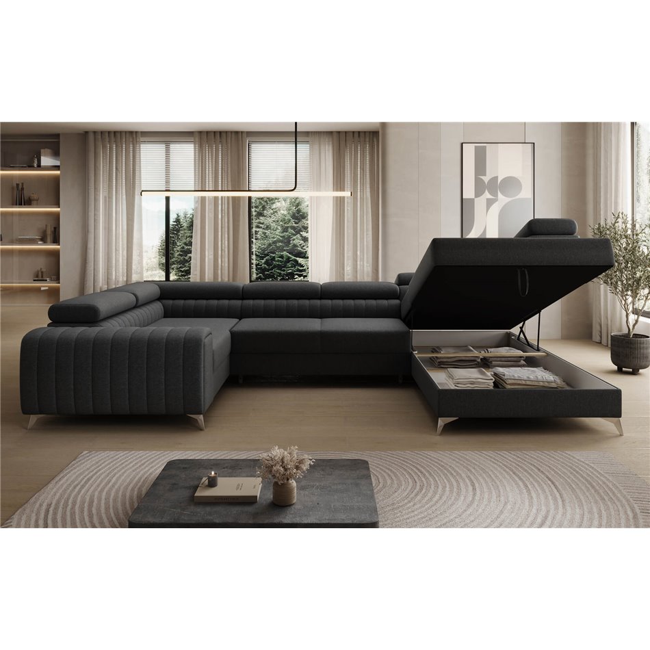 U-shaped sofa Eluis R, sleeping function, Sawana 14, black, H92x347x202cm