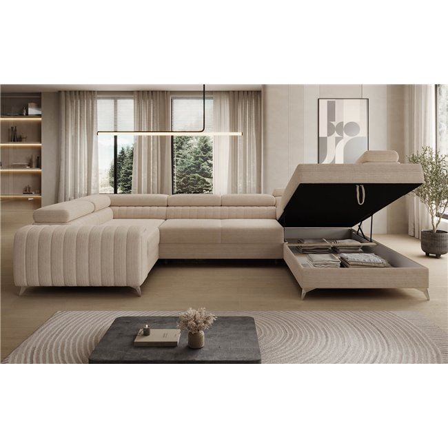 U-shaped sofa Eluis R, sleeping function, Jarell 18, corduroy, beige, H92x347x202cm