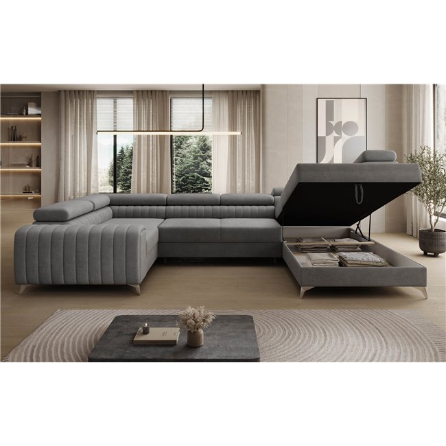U-shaped sofa Eluis R, sleeping function, Monolith 85, velvet, grey, H92x347x202cm