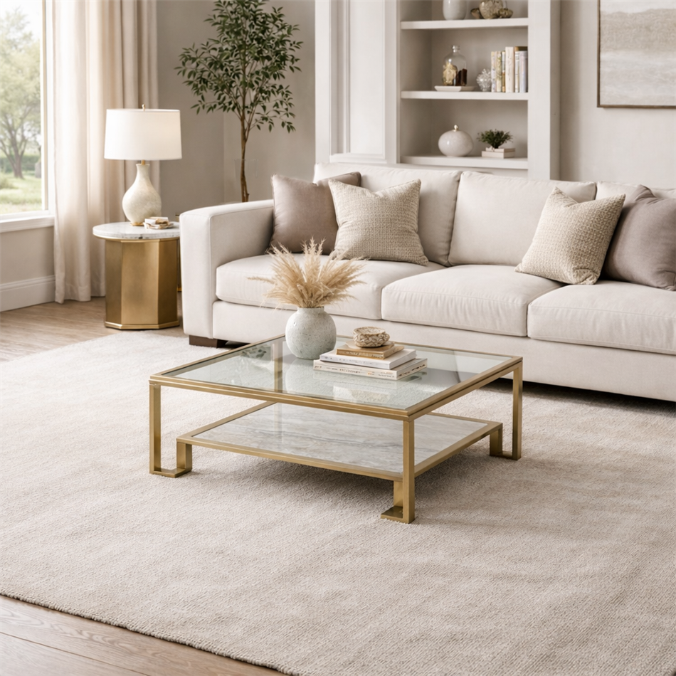 Coffee table Eda ST, metal/glass, champagne gold color/clear,120x120cm H40cm