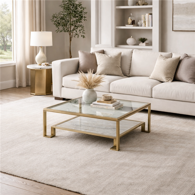 Coffee table Eda ST, metal/glass, champagne gold color/clear,120x120cm H40cm