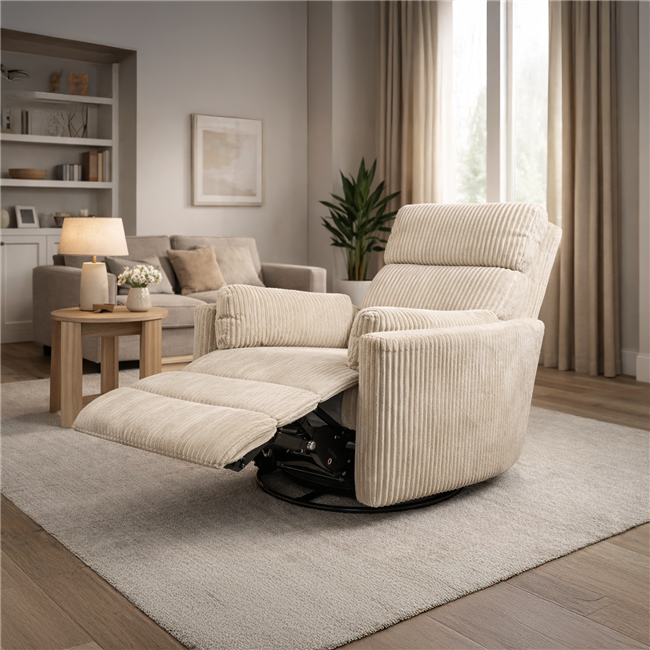 Electric recliner/rocking chair Hoka 01, beige, rotatable 180 degrees, H89-106x101x98-168cm, seat height 50-57cm