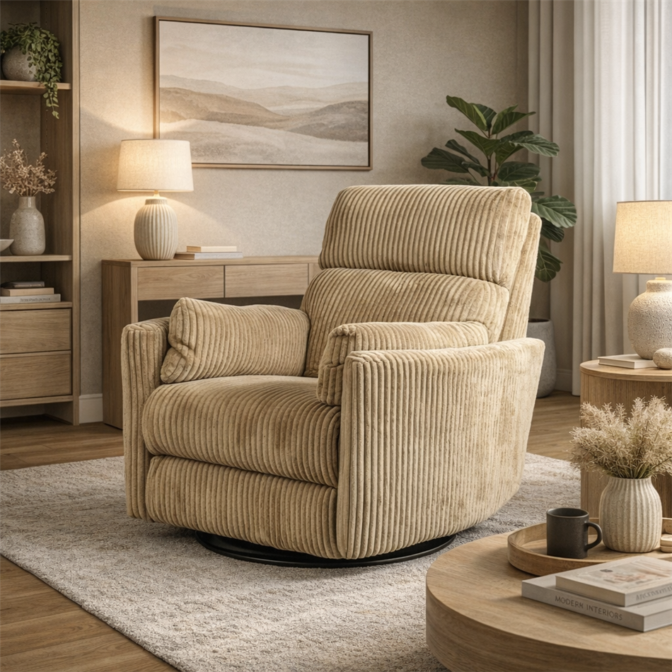 Electric recliner/rocking chair Hoka 02, light brown, rotatable 180 degrees, H89-106x101x98-168cm, seat height 50-57cm