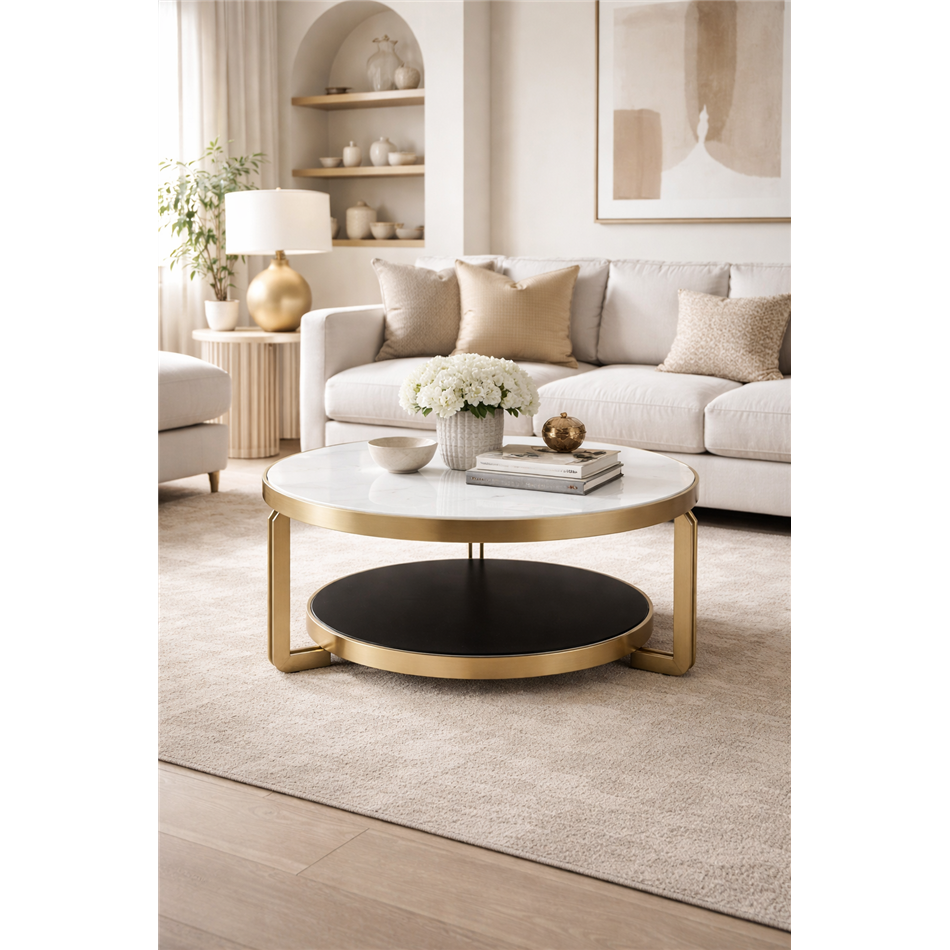 Кофейный столик Edingen ST, спеченный камень/нержавеющая сталь, шампанское золотистого цвета/белый/черный, D90cm H45cm