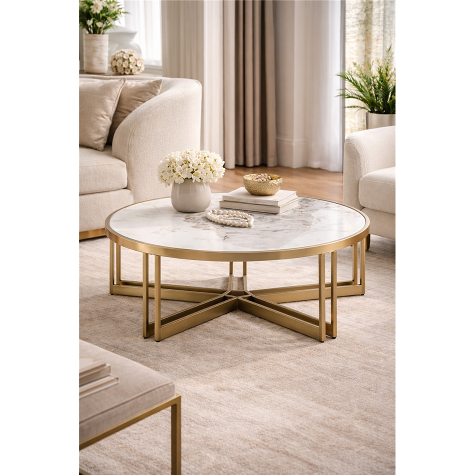 Coffee table Eferding ST, sintered stone/stainless steel, D90cm H40cm