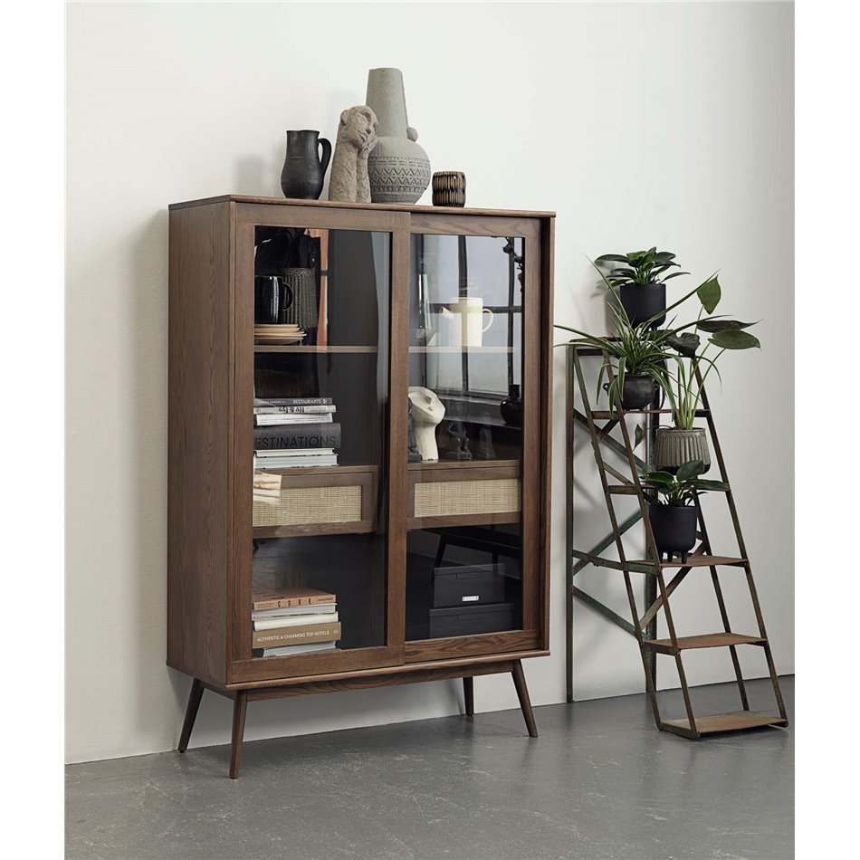Display cabinet Ubarali, smoked oak color, oak veneer/MDF/glass, H160x110x40cm