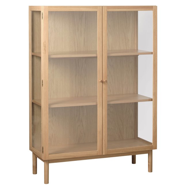 Cabinet Unelba, natural color, tempered glass/MDF/oak veneer, H140x100x40cm