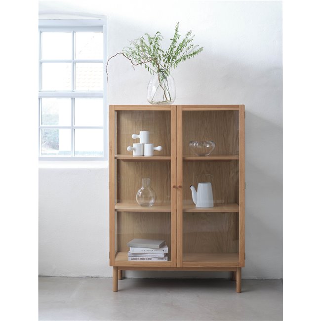 Cabinet Unelba, natural color, tempered glass/MDF/oak veneer, H140x100x40cm
