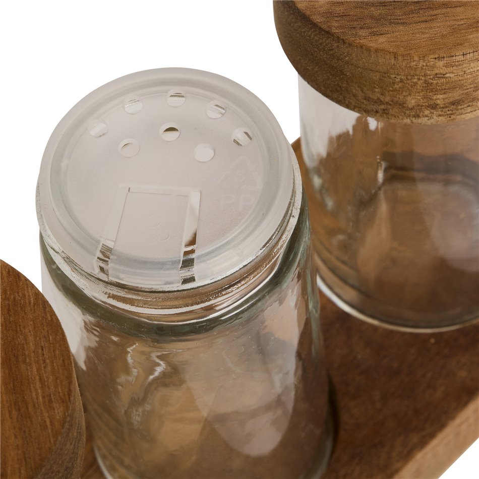 Spice jar set 6 with stand, acacia/glass, H11x34.5x6.5cm
