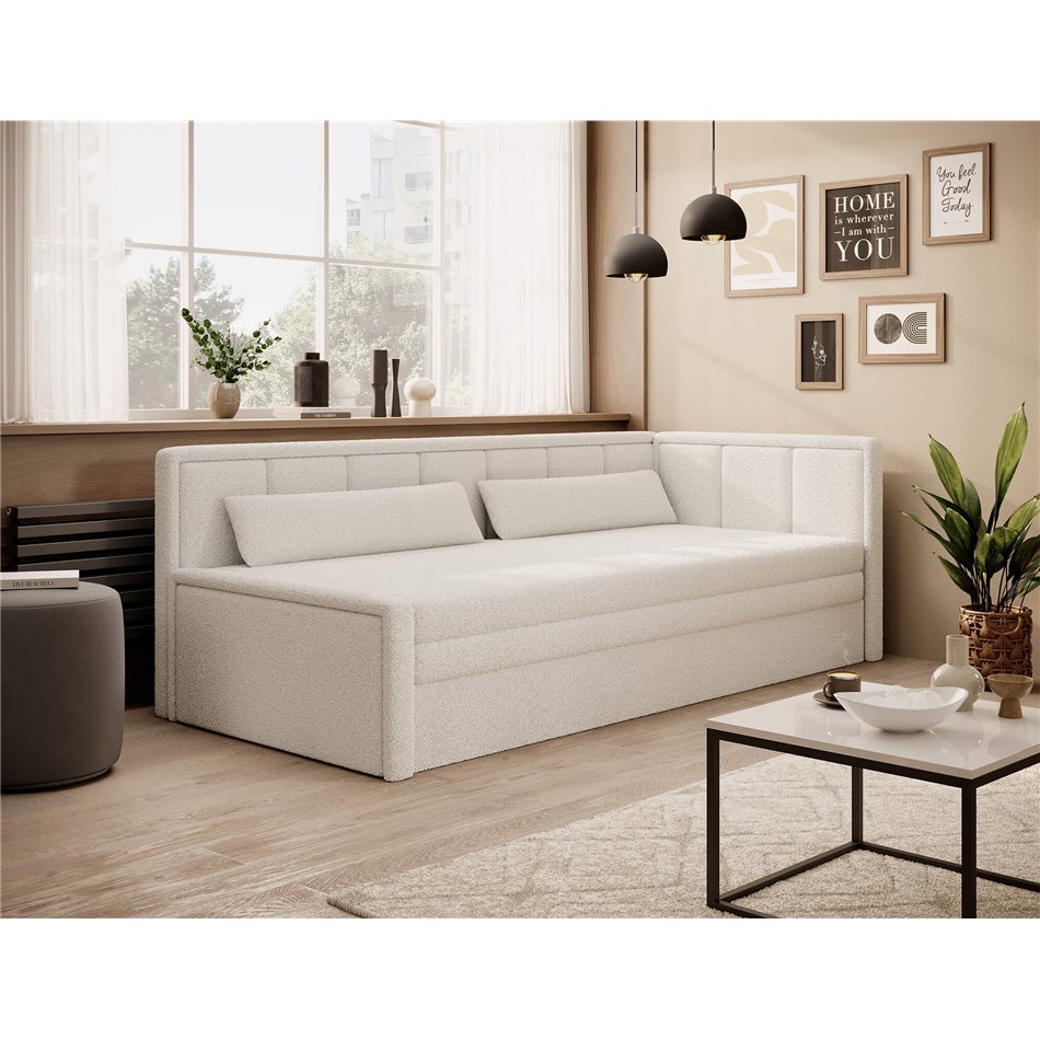 Sofa bed Elfulgeo R, sleeping function, Royal 01, boucle, white, H77x214x82cm