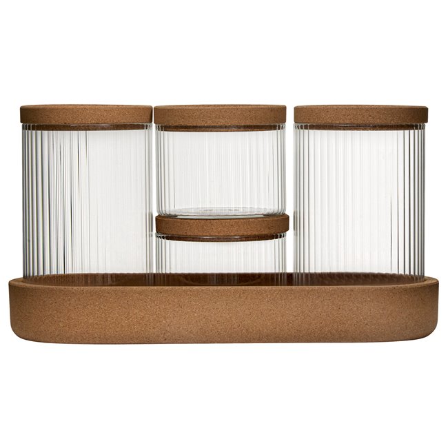 LOT ORGANISER x4 glass,with cork wood pad and lids, H26x14x9.7cm