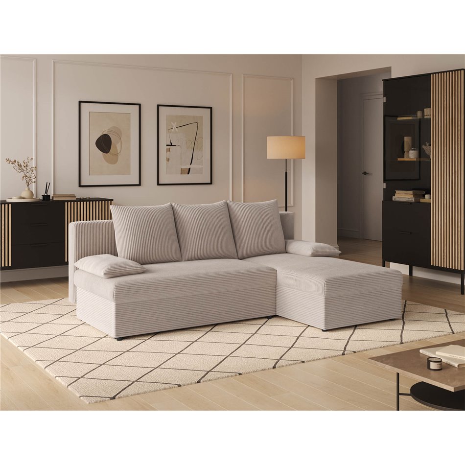 Corner sofa Elgino L/R Reversible, sleeping function, Jarell 18, corduroy, beige, H90x201x143cm