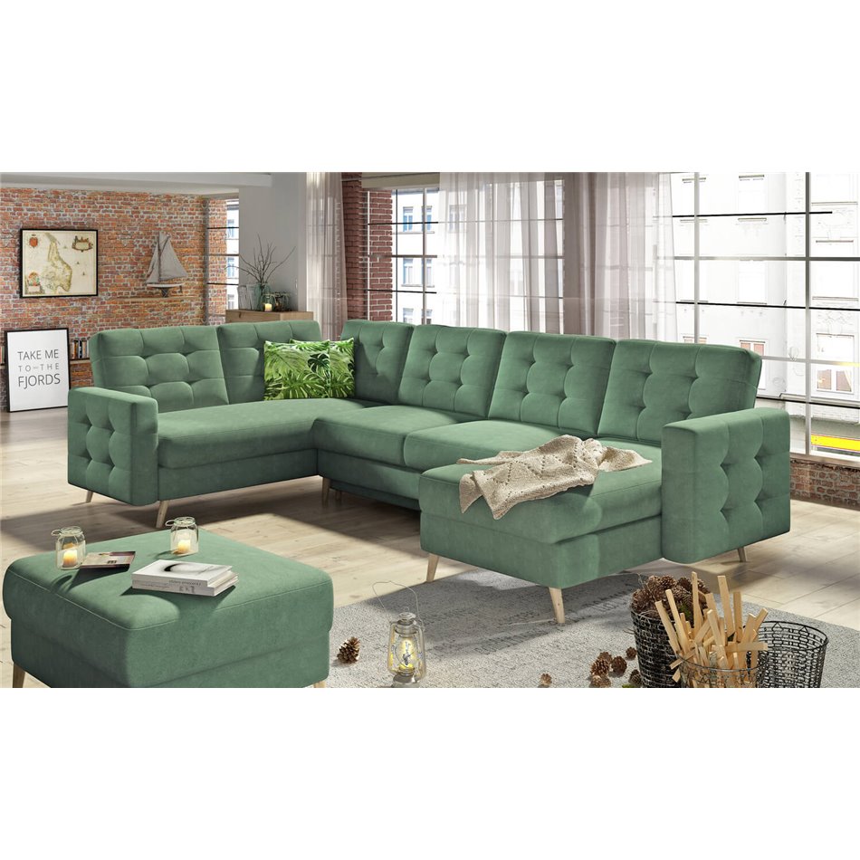 U-shaped sofa Elsgard U L/R Reversible, sleeping function, Soro 34, green, H93x326x202cm